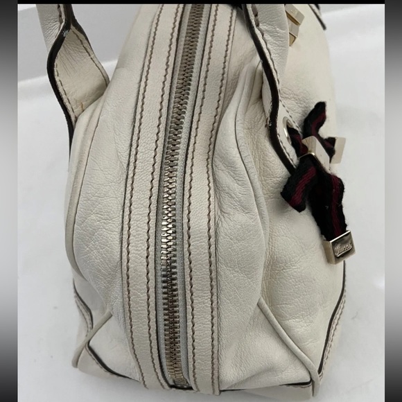 Auth Gucci Princy Boston Bow Web Stripe Offwhite Leather Satchel Shoulder Bag - Picture 9 of 15